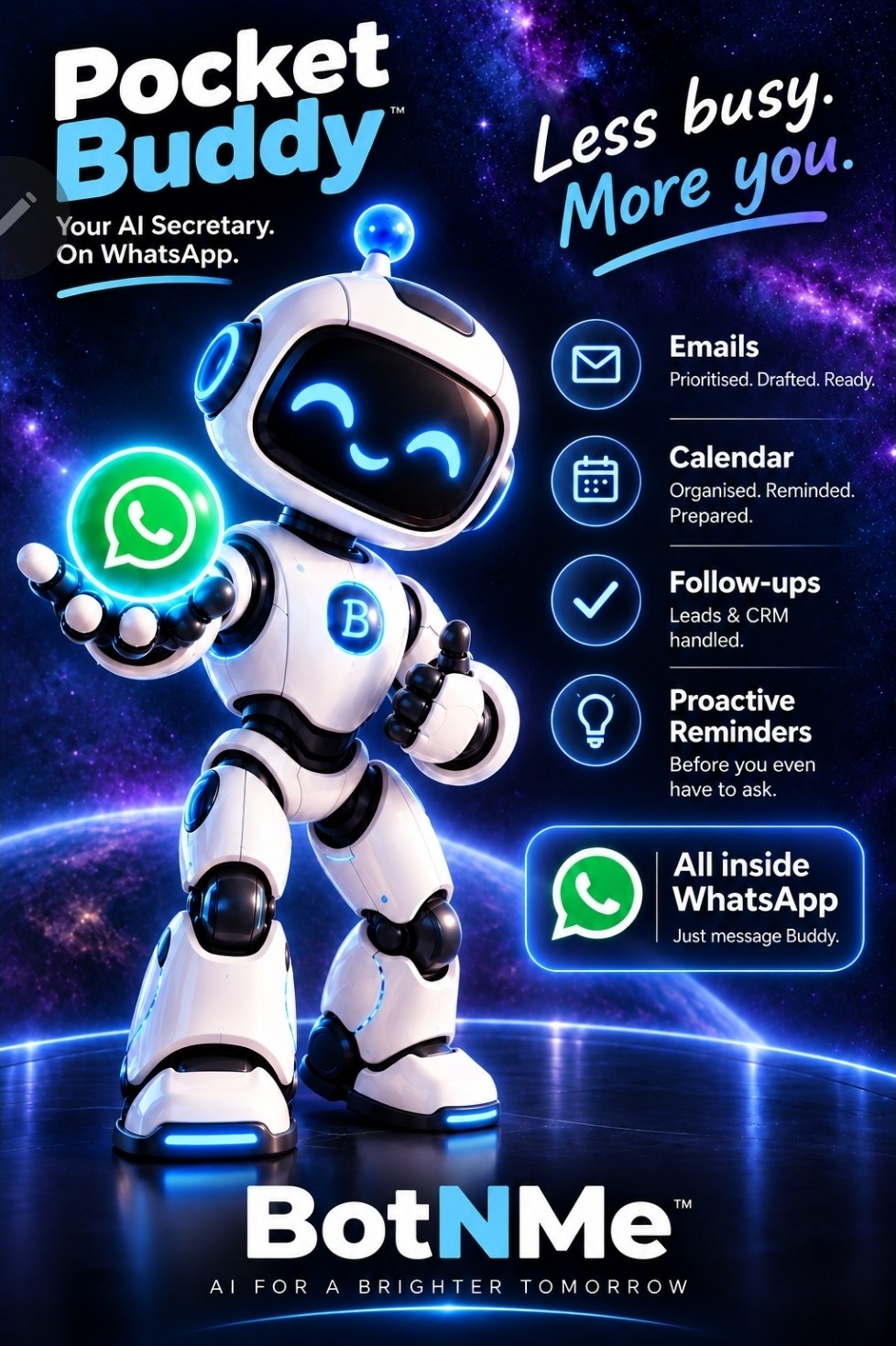Pocket Buddy poster: your AI secretary on WhatsApp, with Buddy the robot